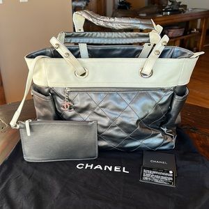Chanel Tote Paris Biarritz Coated Canvas Metallic Gray Pewter Cream Bag